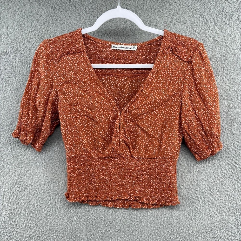 Abercrombie Puff Sleeve Smocked Crop Top Rust Polka Dot XS Boho Cottagecore Y2K